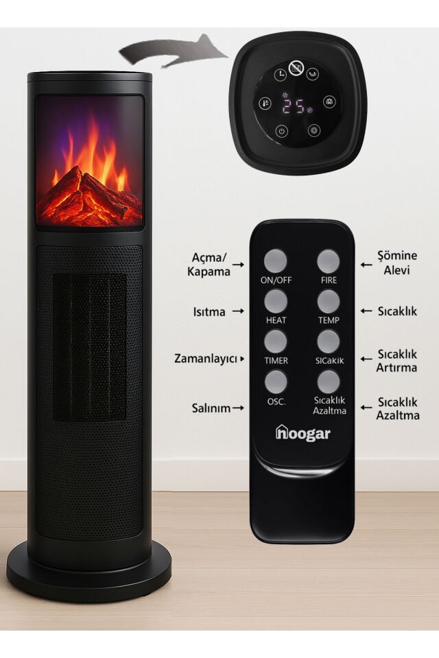 German 2075 L Grey Oben Seri OLED Şömineli Ekran Dijital Kule Tipi Turbo Hızlı Isıtıcı Siyah