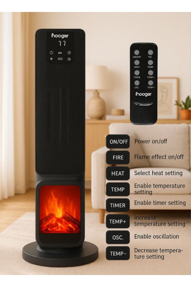German 2701 L White OLED Şömineli Ekran Dijital Göstergeli Seramik Fanlı Hızlı Isıtıcı Siyah