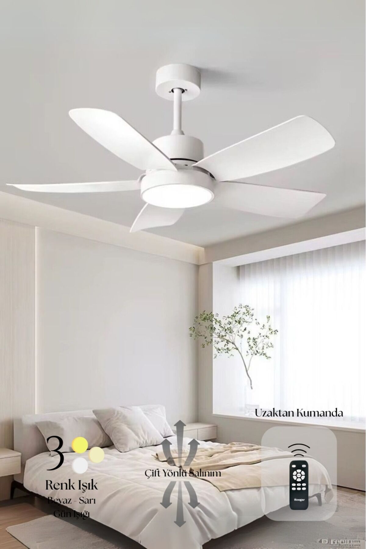 German Beyaz 110 CM 5 Kanatlı Süper Sessiz 3 Renk Uzaktan Kumandalı Tavan Vantilatörü DC Motor Beyaz