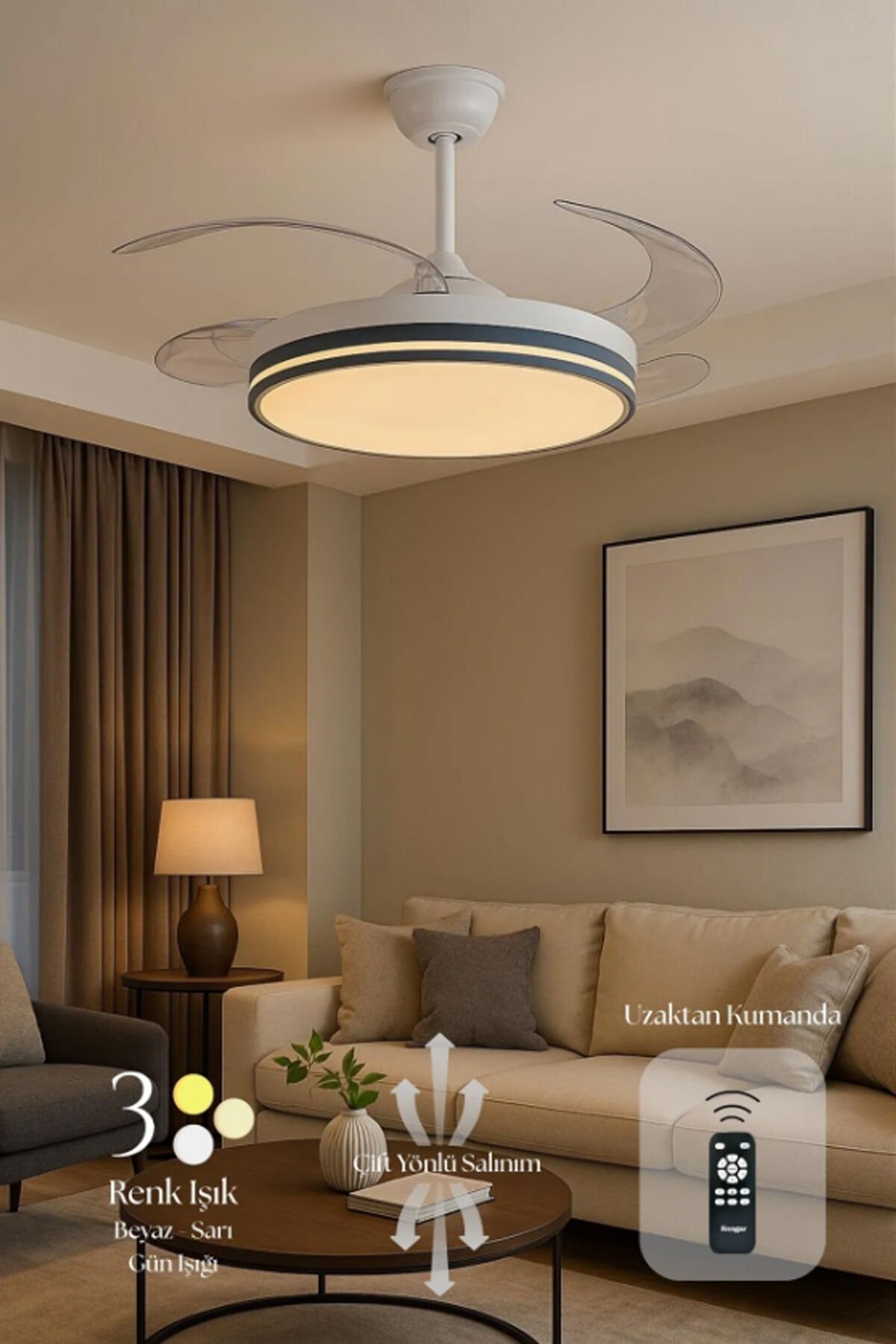 Hoogar German Kuhle Antrasit Tavan Vantilatörü 3 Renk Led Gizli Pervaneli Kumandalı Dimmer Ayarlı Bl Sistem Isınmaz Motor Gri