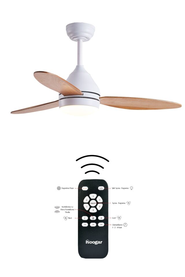 Hoogar German Süper Sessiz 3 Renk Uzaktan Kumandalı Dimmer Ayarlı Özel Bambu 95 CM Kanatlı Tavan Vantilatörü BL Isınmaz Motor Beyaz