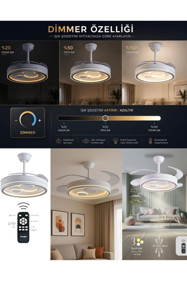 Hoogar German İç Desenli Tavan Vantilatörü 3 Renk Ledli Gizli Pervaneli Kumandalı Dimmer Ayarlı BL Sistem Isınmaz Motor