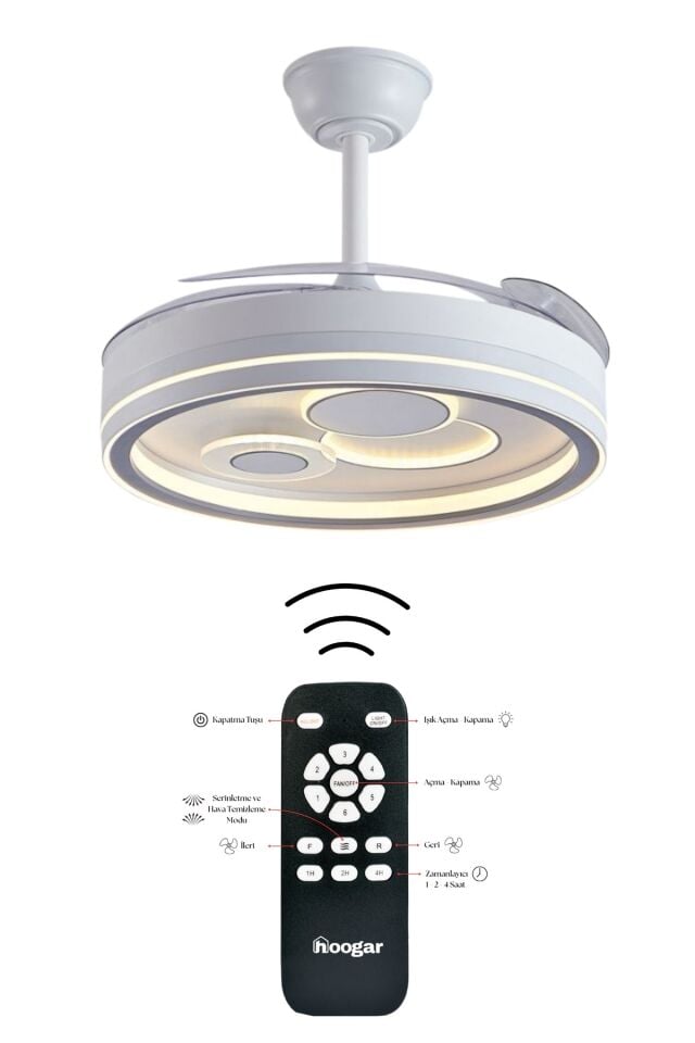 Hoogar German İç Desenli Tavan Vantilatörü 3 Renk Ledli Gizli Pervaneli Kumandalı Dimmer Ayarlı BL Sistem Isınmaz Motor
