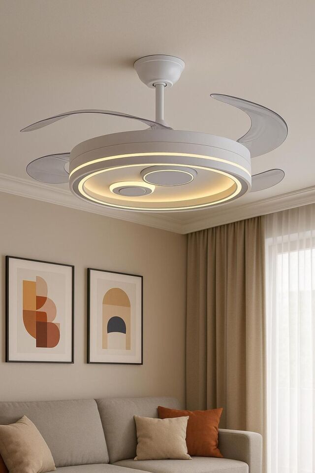 Hoogar German İç Desenli Tavan Vantilatörü 3 Renk Ledli Gizli Pervaneli Kumandalı Dimmer Ayarlı BL Sistem Isınmaz Motor